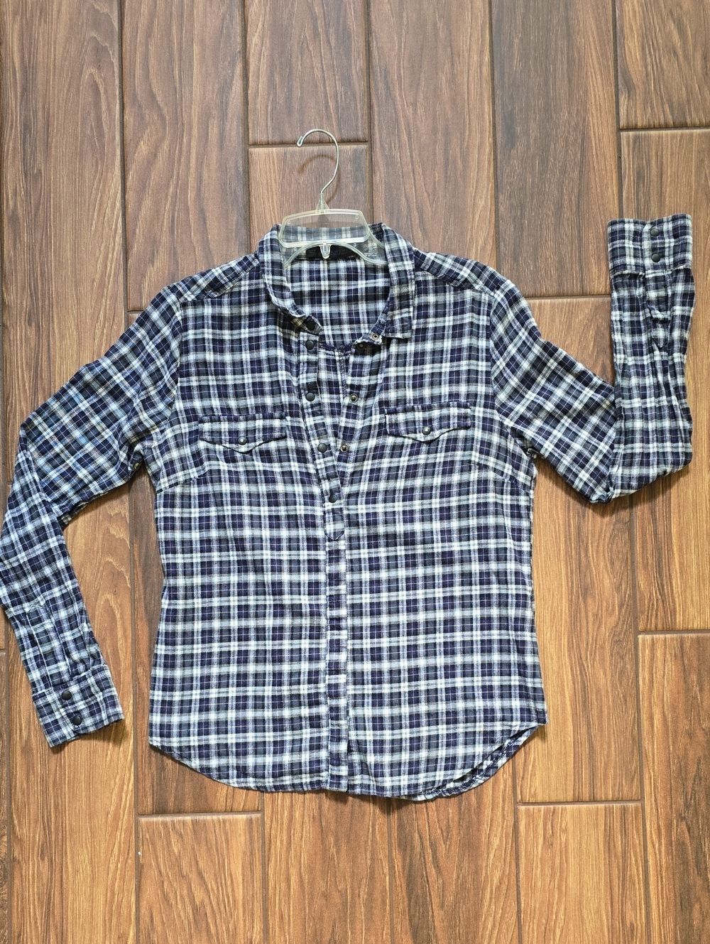 Zara Navy and White Plaid Casual Button-Down Shirt